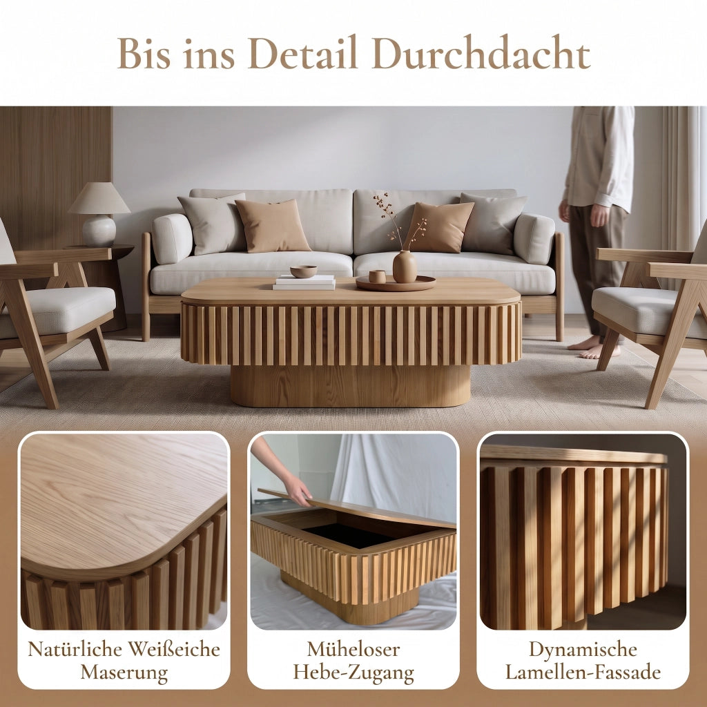 Tavolino basso fisso con vano contenitore nascosto e piano rimovibile in MDF effetto legno naturale