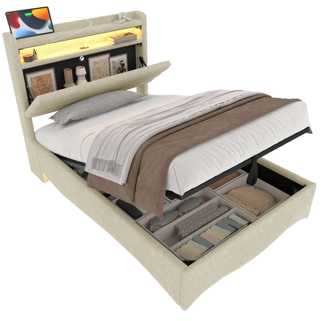 Letto imbottito 90 x 200 cm in lino beige con illuminazione LED, meccanismo idraulico e porte USB/Tipo-C