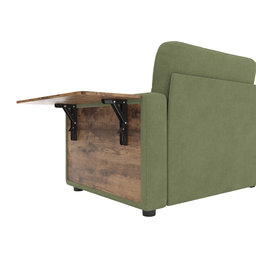 Divano a due posti in tessuto chenille verde con due cassetti estraibili, tavolino laptop regolabile e portabicchieri integrati