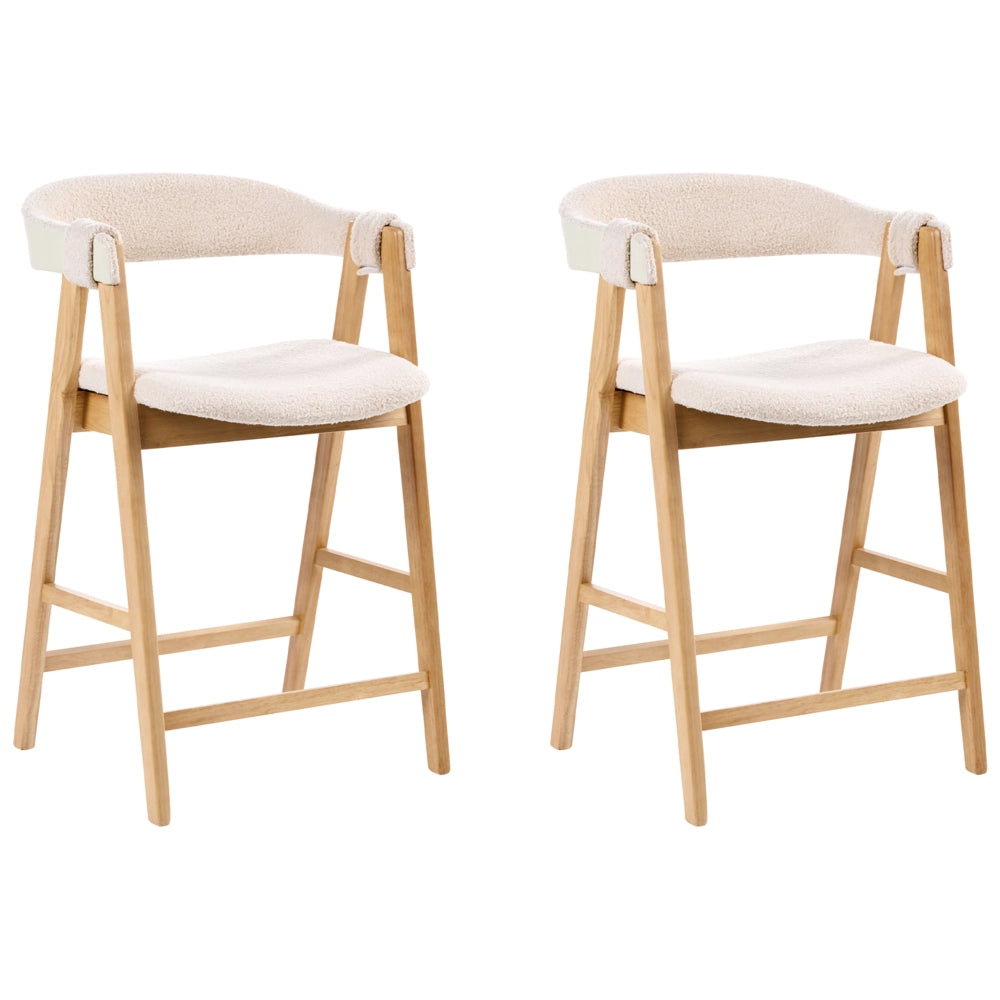Sedie da bar in tessuto bouclé di poliestere marrone chiaro e beige con gambe in legno di gomma stile retrò tradizionale