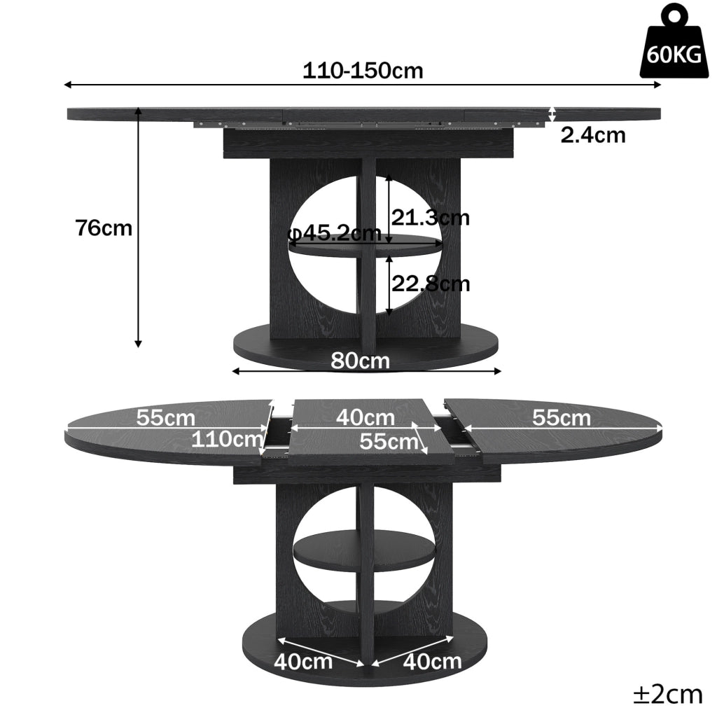 Tavolo da pranzo estensibile ULEVR 110-150 cm rotondo e ovale con ripiano integrato, MDF e metallo nero