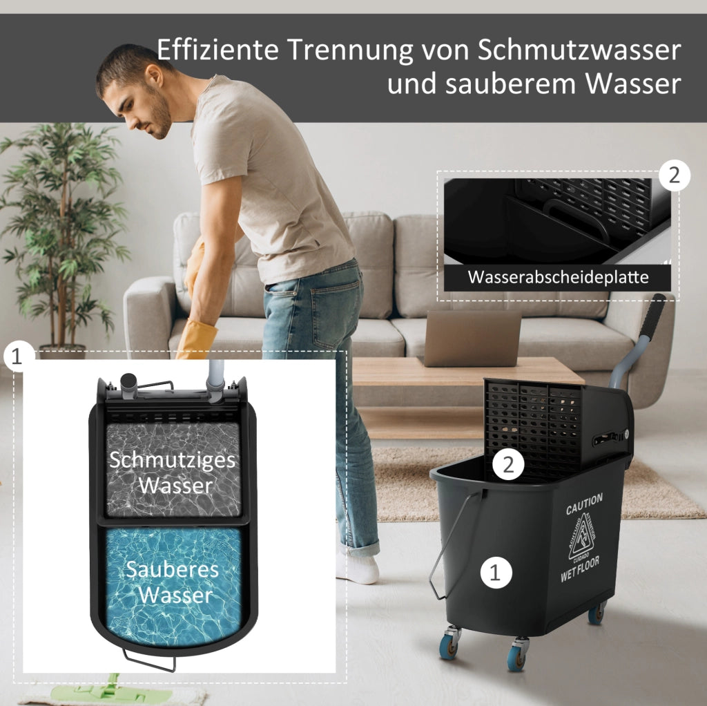 Secchio lavapavimenti nero 20 L con strizzatore e ruote
