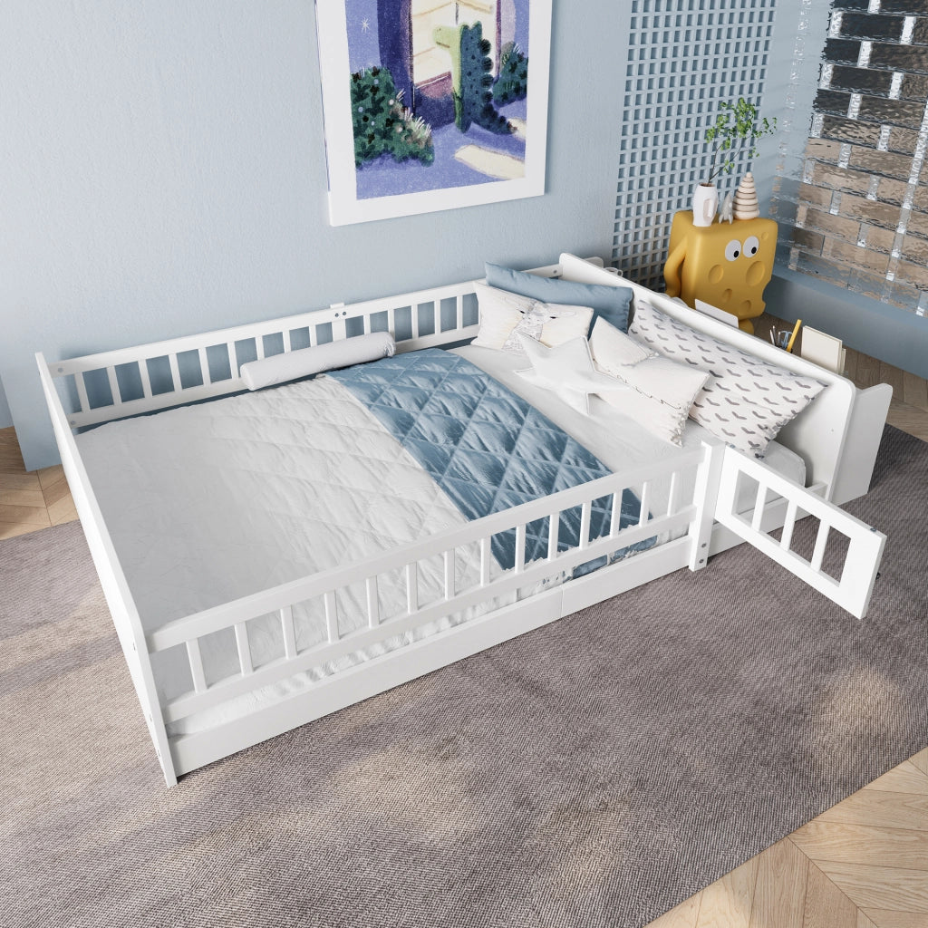 Letto per bambini 140 × 190 cm con ripiani e vano aperto; senza materasso; in legno di pino e MDF; bianco