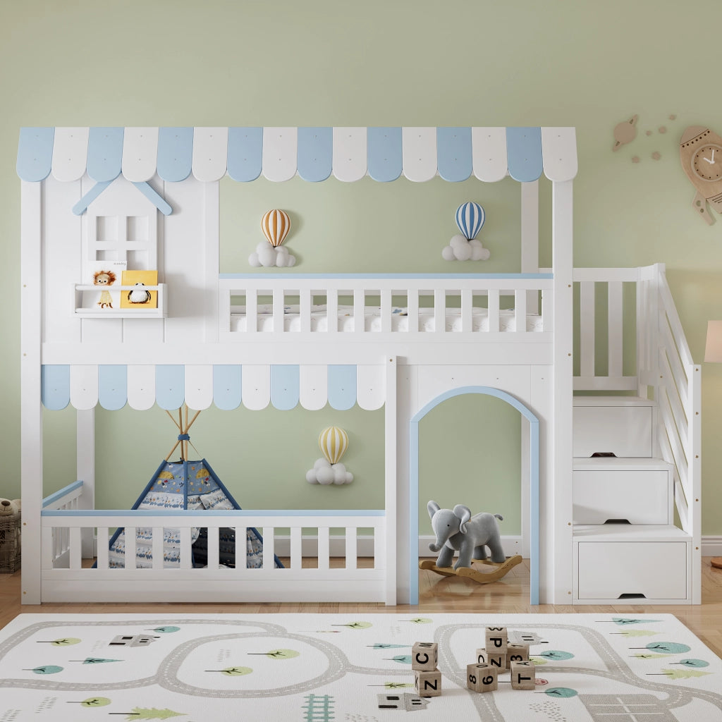 Letto a soppalco 90 × 200 cm con scala contenitore a tre gradini; rete a doghe e barriere; legno bianco e blu