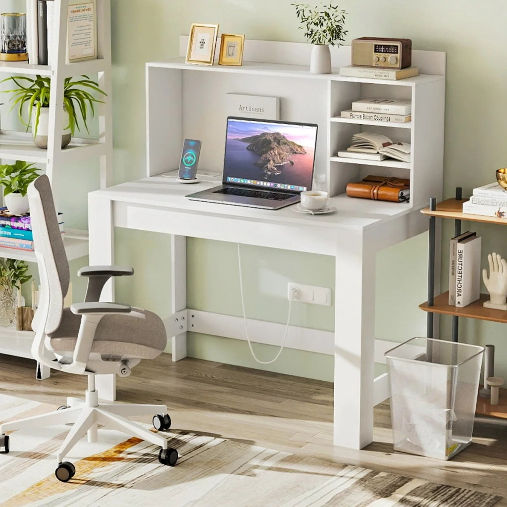Scrivania Porta Computer con Libreria e Prese USB Type-C, Tavolo da Studio con Ripiani e Gestione Cavi, Bianco