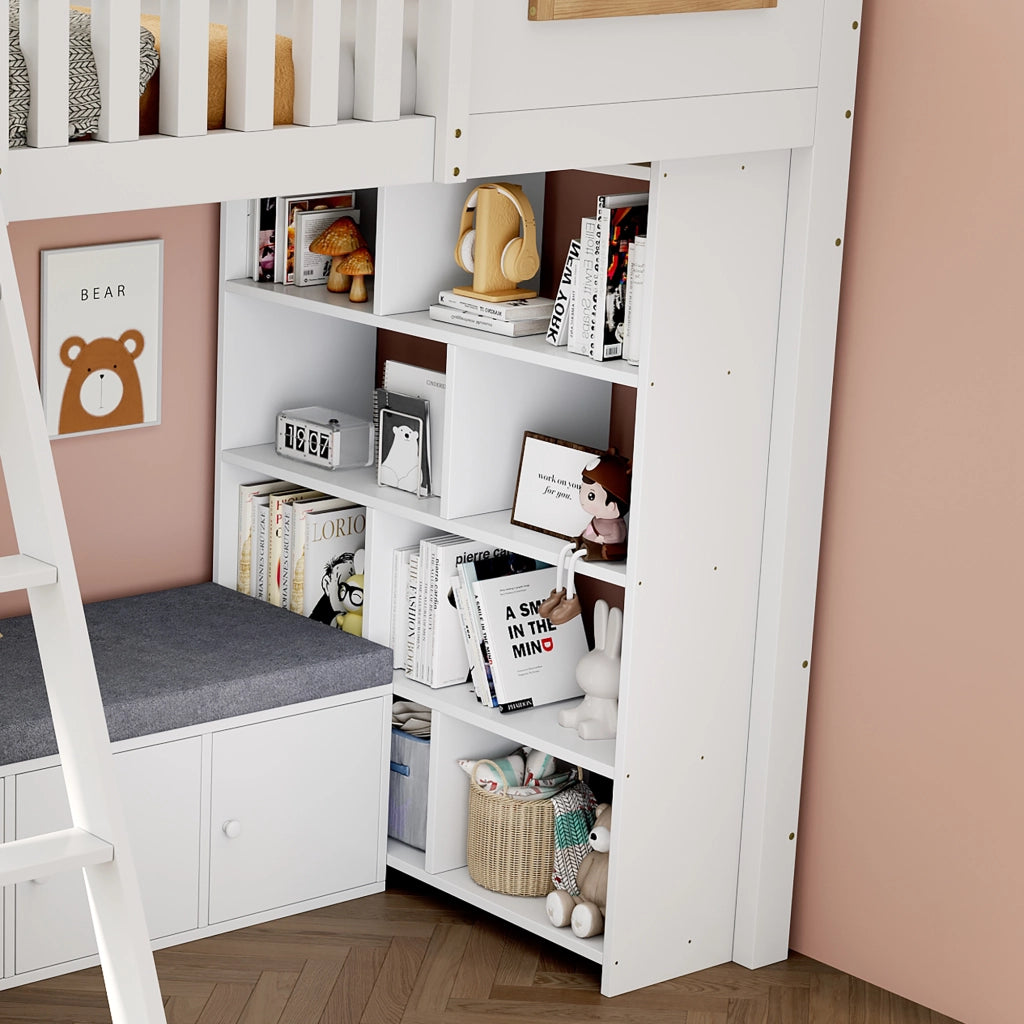 Letto a soppalco per bambini 90 x 200 cm in legno bianco e naturale; casetta con armadio