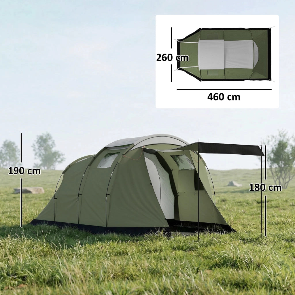 Tenda da Campeggio Familiare per 3-4 Persone Impermeabile 3000mm Verde in Poliestere con Camera e Veranda Robusta