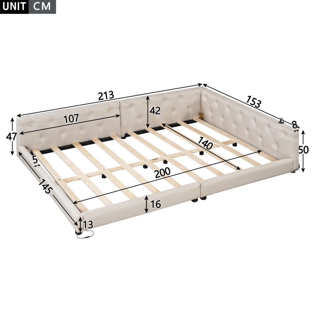 Letto matrimoniale 140x200 cm con LED; USB e Type-C; in lino beige