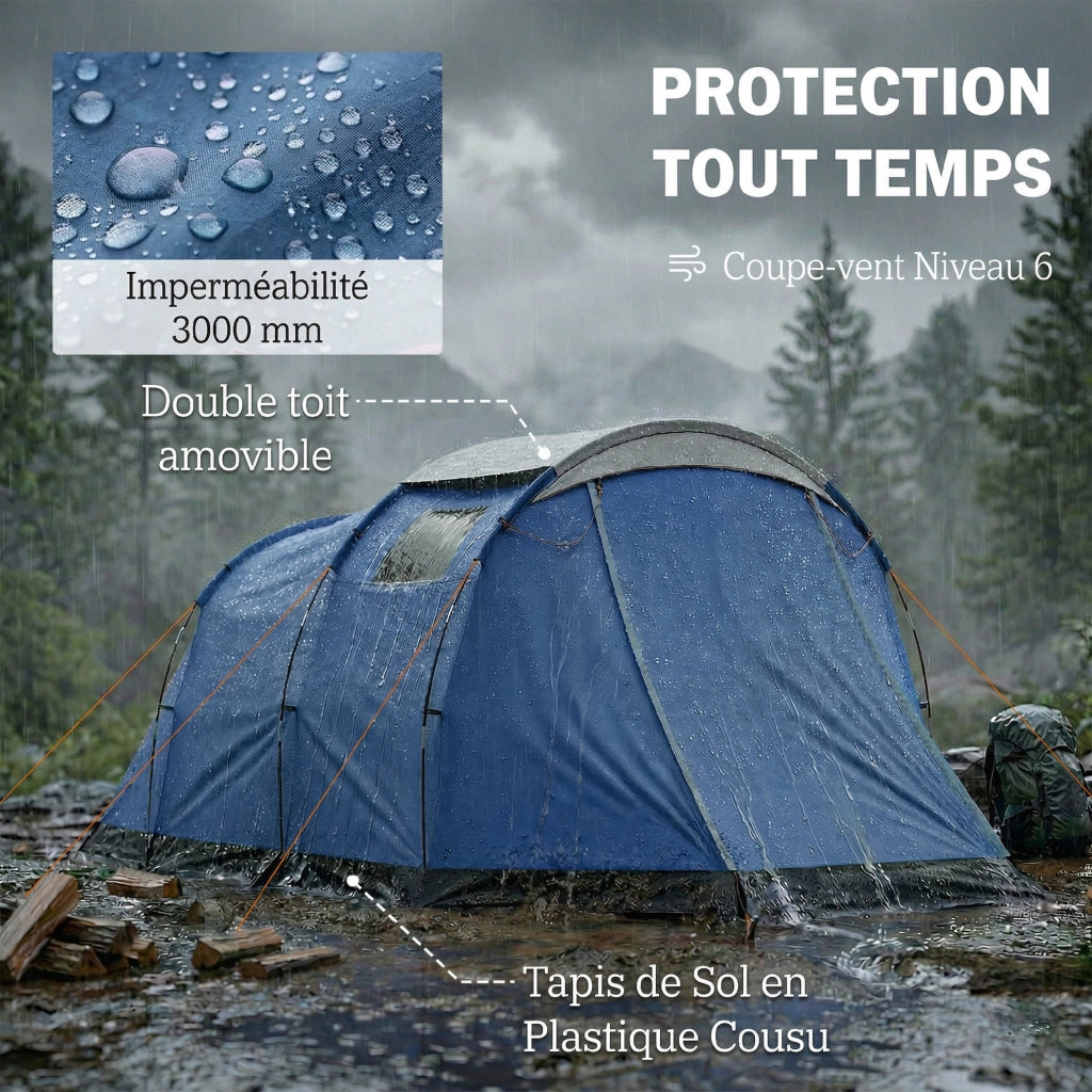 Tenda da Campeggio a Tunnel per 4 Persone Impermeabile 3000mm a Doppio Strato Altezza 190cm in Poliestere Blu Scuro con Veranda per Outdoor
