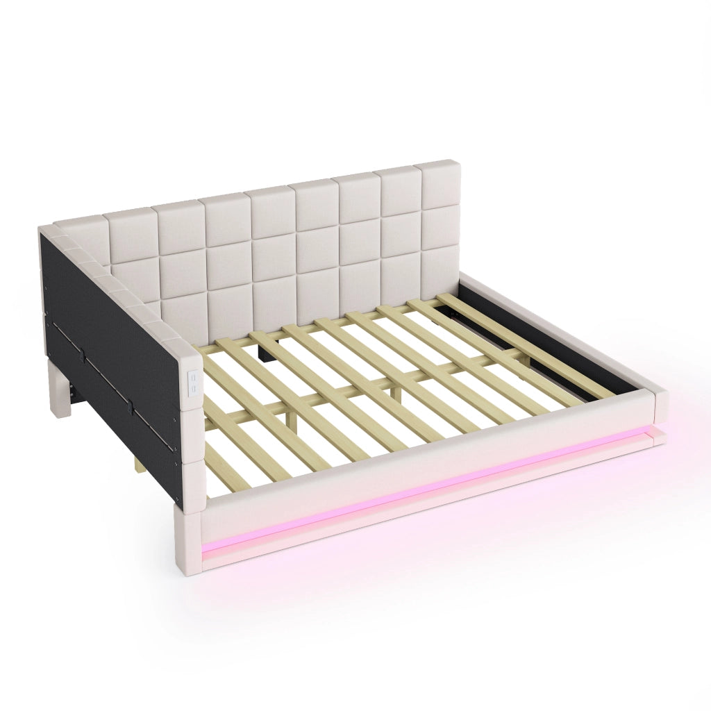 Divano letto in lino con LED e USB, 160x200 cm, beige