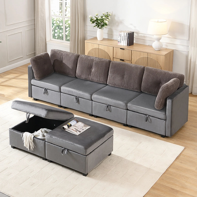 Divano modulare a U 6 posti 261 cm trasformabile in L e letto; velluto grigio antico