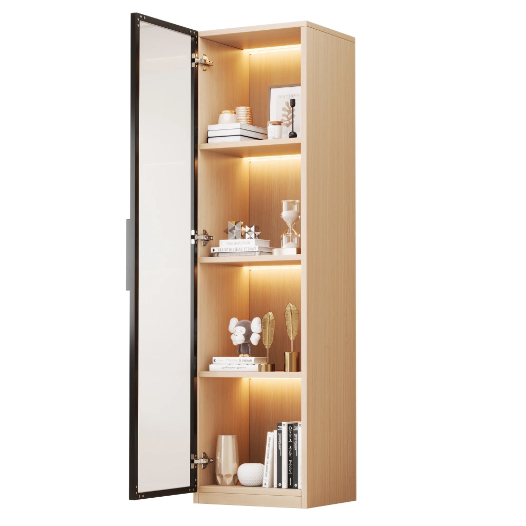 Vetrina stretta 40x40x165 cm in MDF effetto rovere con anta in vetro e LED