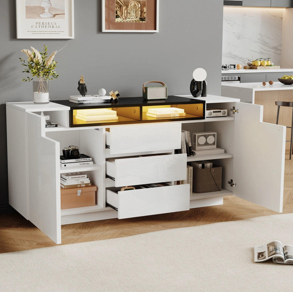 Madia 140x40x68 cm bianca e nera con 2 ante; 3 cassetti e luci LED HOMVRA