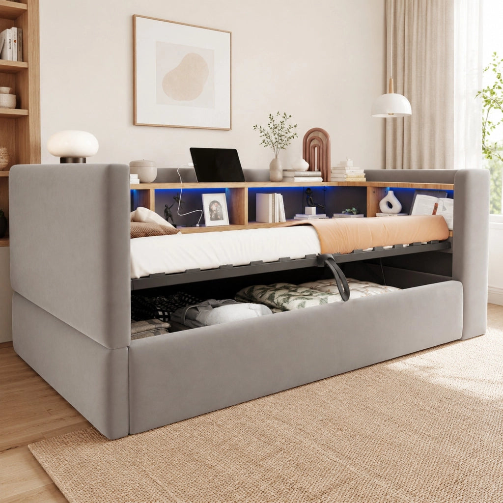 Divano letto imbottito 90x190 cm con LED, prese e vano contenitore