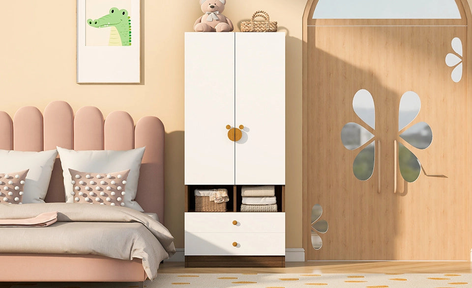 Armadio Singolo 70x50x170 cm con 2 Cassetti, Maniglie Cartoon e Piccole Mensole, Colore Legno