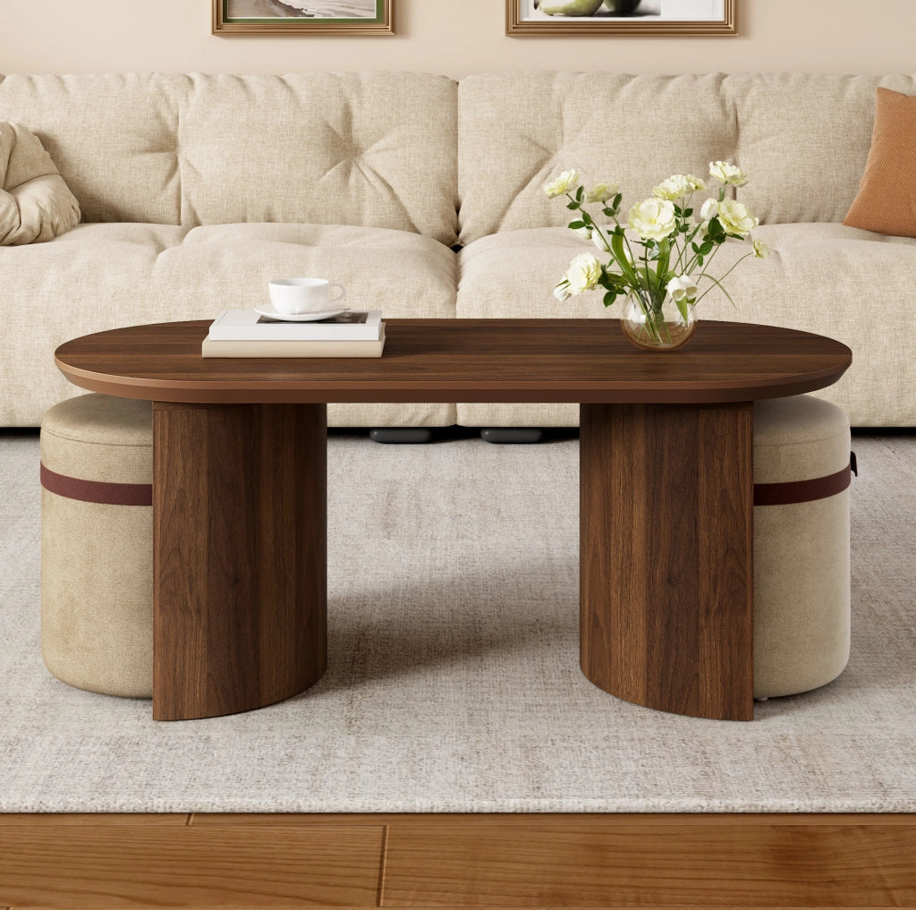 Set tavolino da salotto ovale con 2 pouf imbottiti in MDF e legno di pino noce HAVRYA
