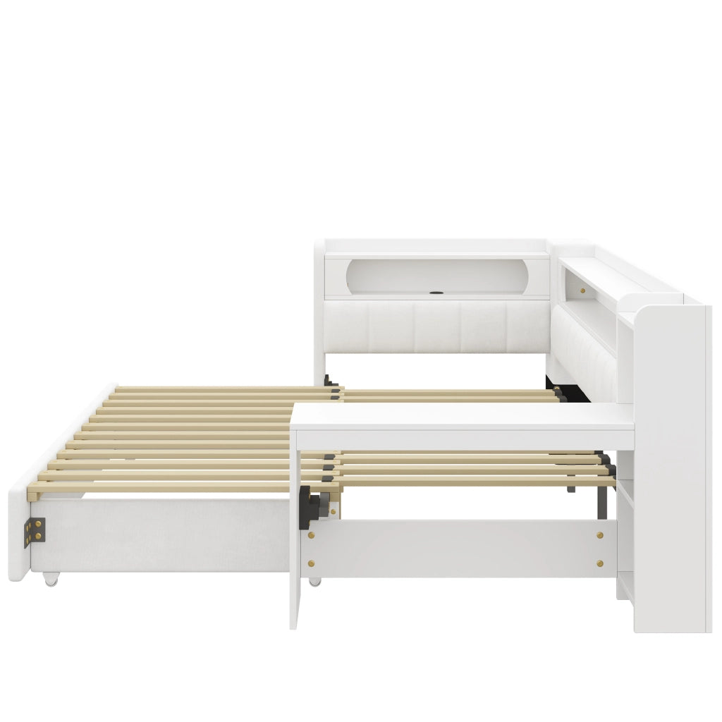 Letto da giorno imbottito estraibile 90/180x200 cm con LED; USB e scrivania; bianco