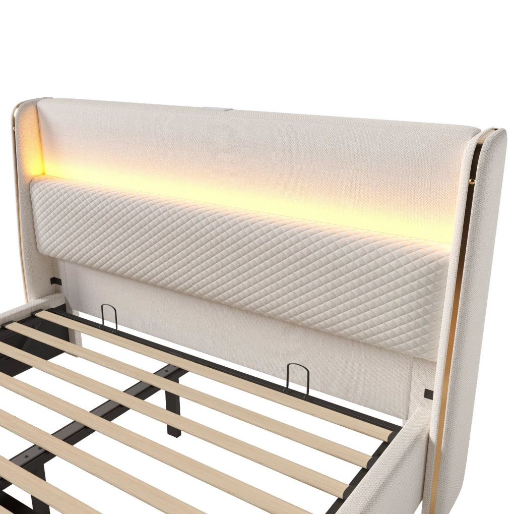 Letto matrimoniale beige 140 x 200 cm con contenitore, LED, ricarica e materasso H3