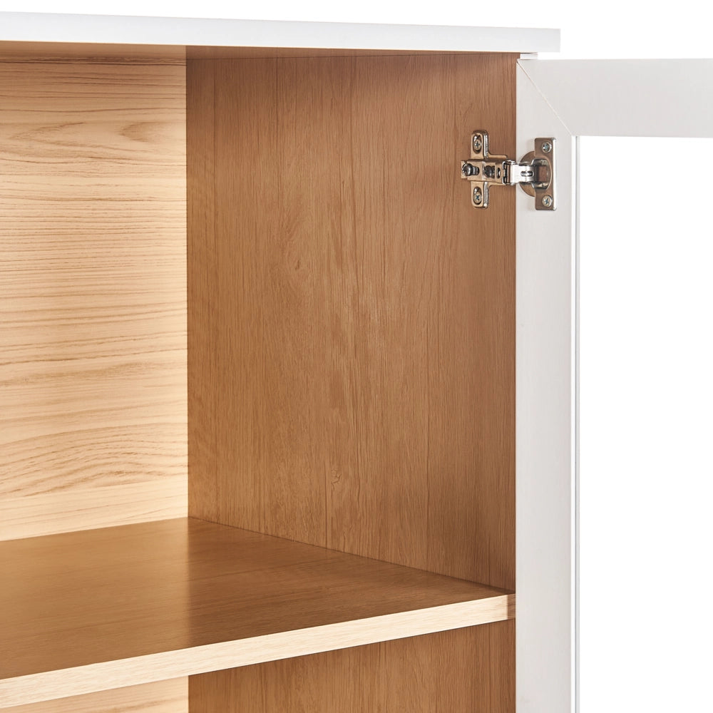 Mobile decorativo 80 cm bianco con legno chiaro in legno ingegnerizzato con display in vetro Classico scandinavo a ripiani alti Sala da pranzo Soggiorno