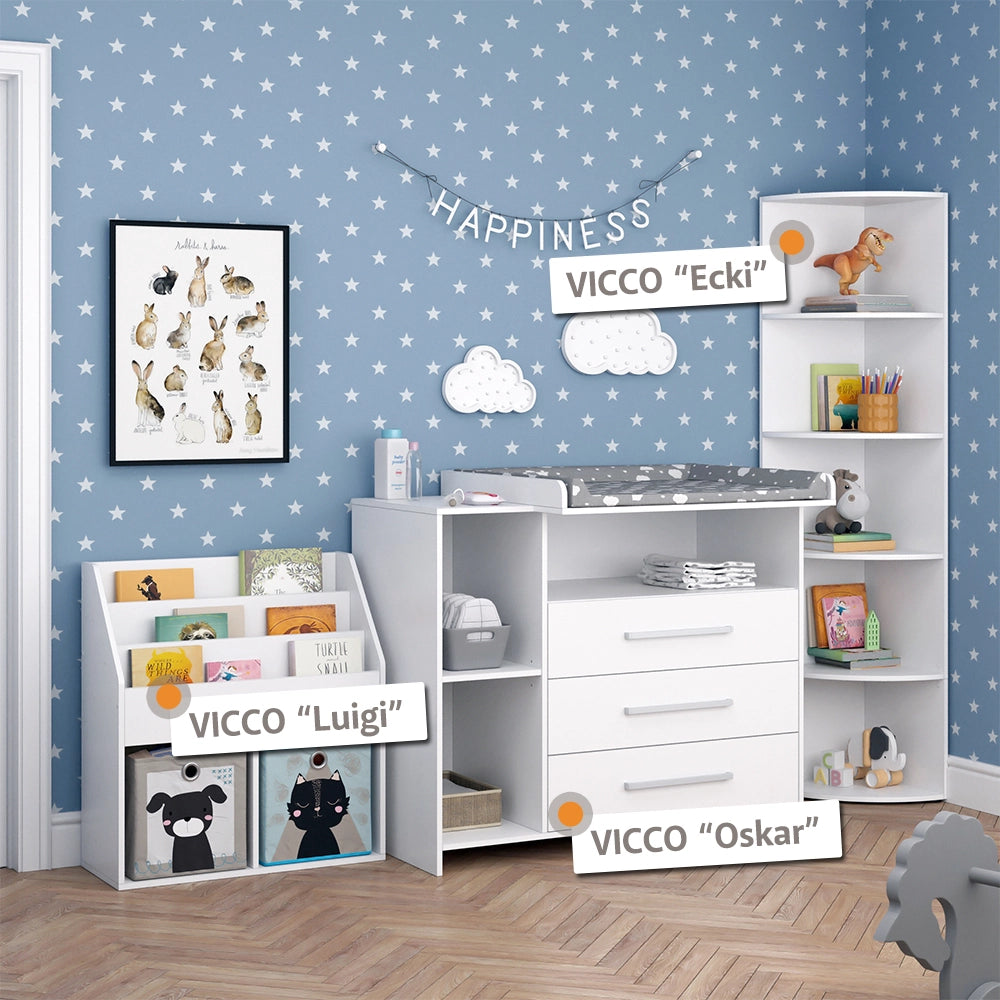 Vicco Set di mobili per bambini Bianco 3 parti, con fasciatoio, scaffale per giocattoli e libreria