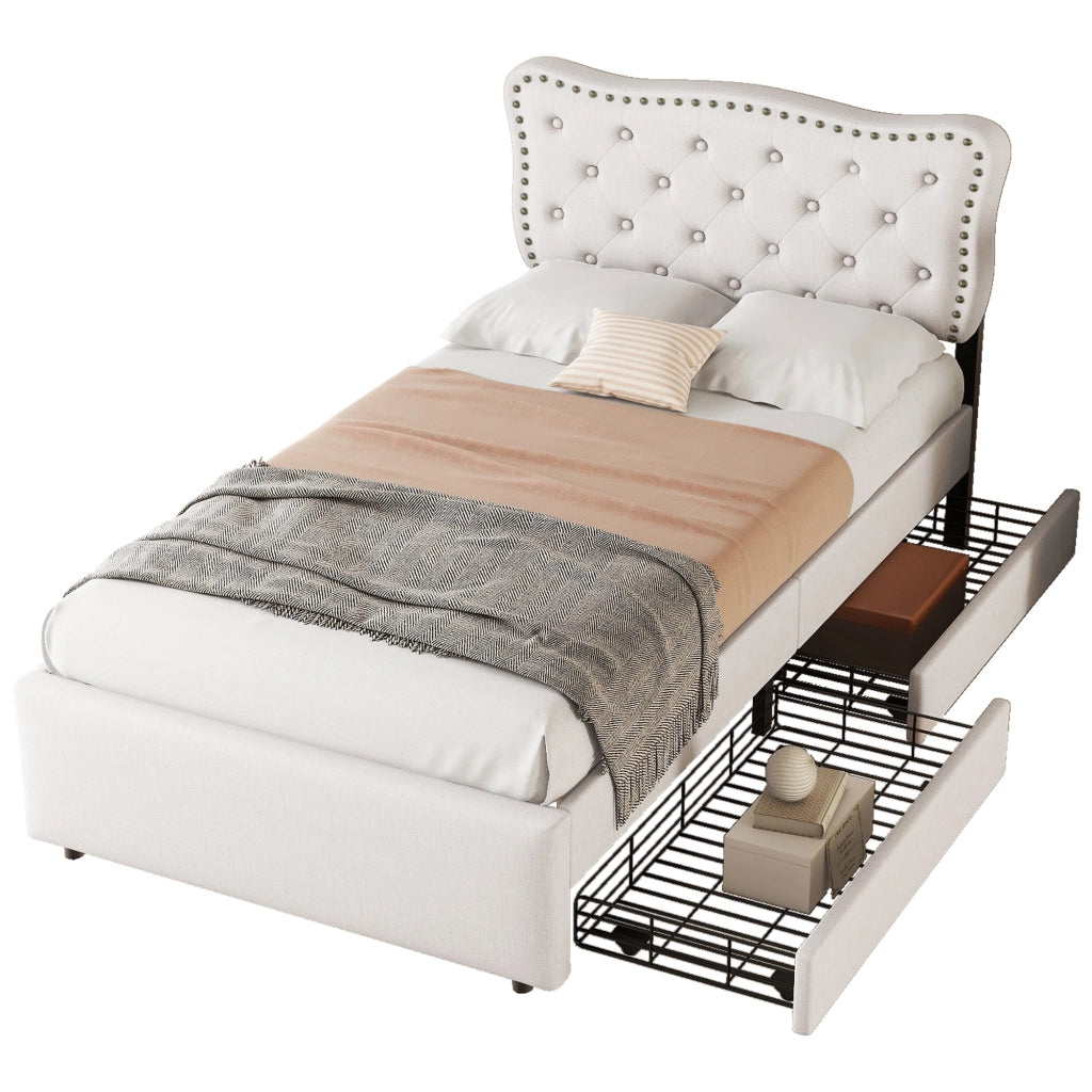 Letto con cassetti 90 × 200 cm imbottito in tessuto di lino MDF beige chiaro testiera regolabile con borchie decorative