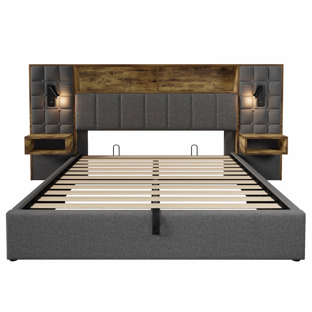 Letto matrimoniale 160x200 cm con contenitore, lampade da lettura, USB e Type-C, grigio