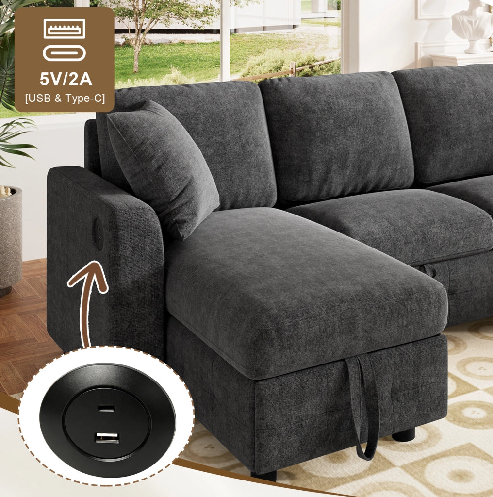 Divano letto estraibile in ciniglia con 2 chaise longue contenitore; USB e Type-C; grigio scuro