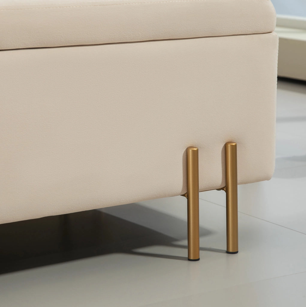 Panca contenitore 100x40x42 cm con imbottitura in poliestere beige e gambe in metallo