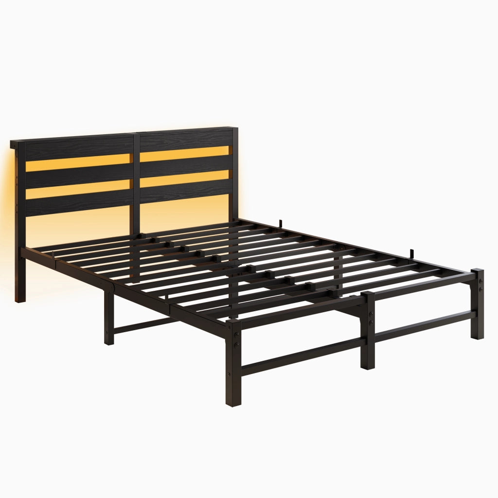 Letto matrimoniale 140×200 cm con LED; 2 USB e ripiano testiera; senza materasso; metallo e legno; nero