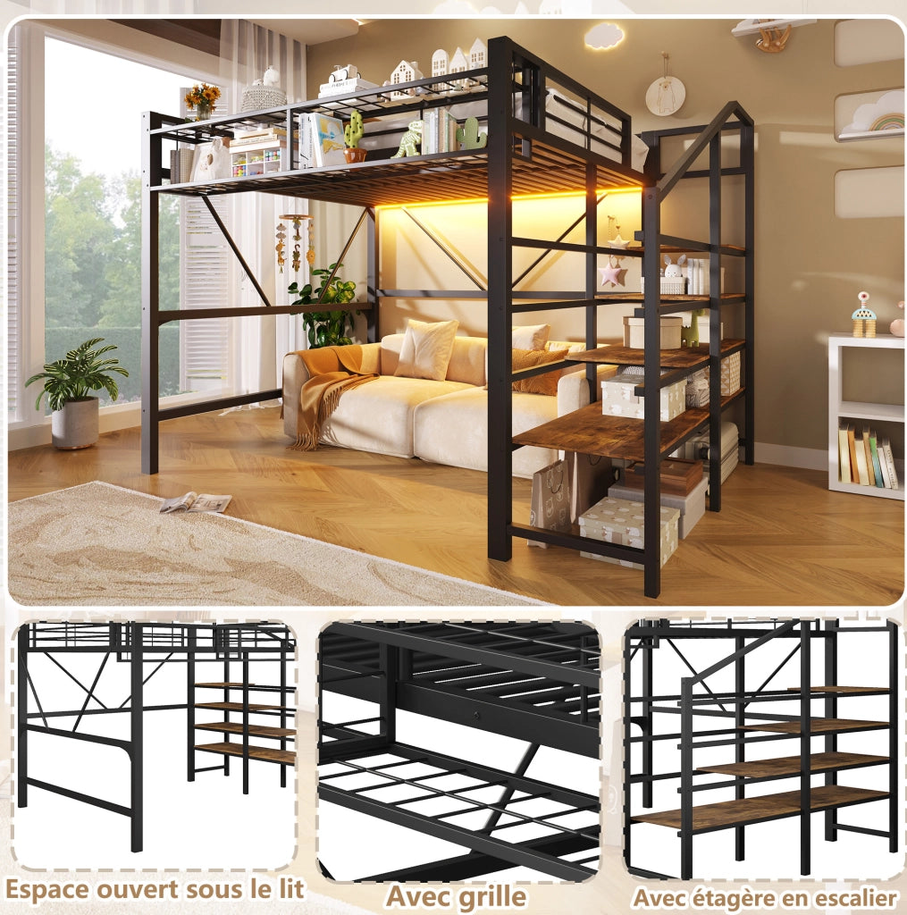 Letto a soppalco 140x200 cm con LED; scaffale a gradini e contenitore; nero