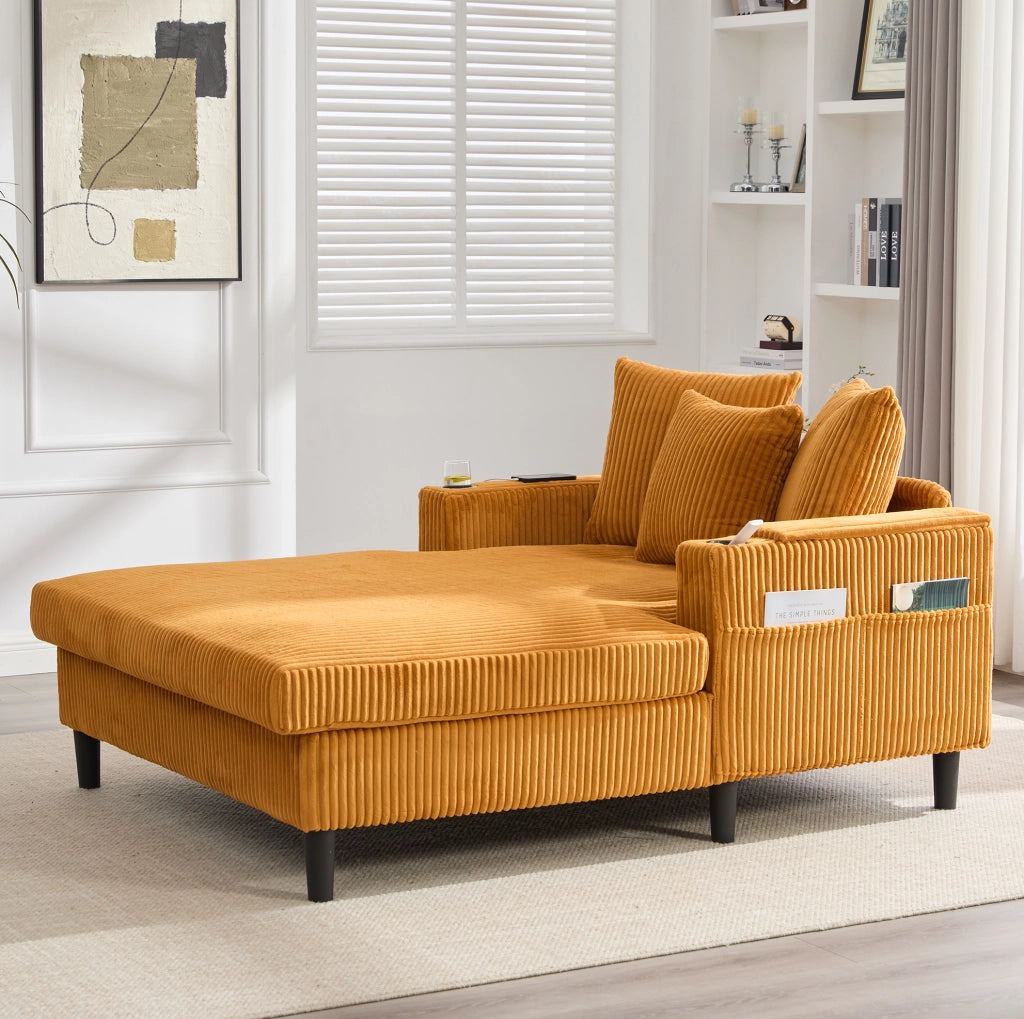Chaise longue in velluto a coste giallo senape con LED e USB