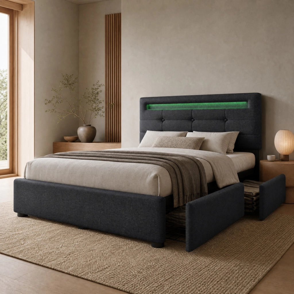 Letto imbottito 90 x 200 cm grigio con LED e 2 cassetti