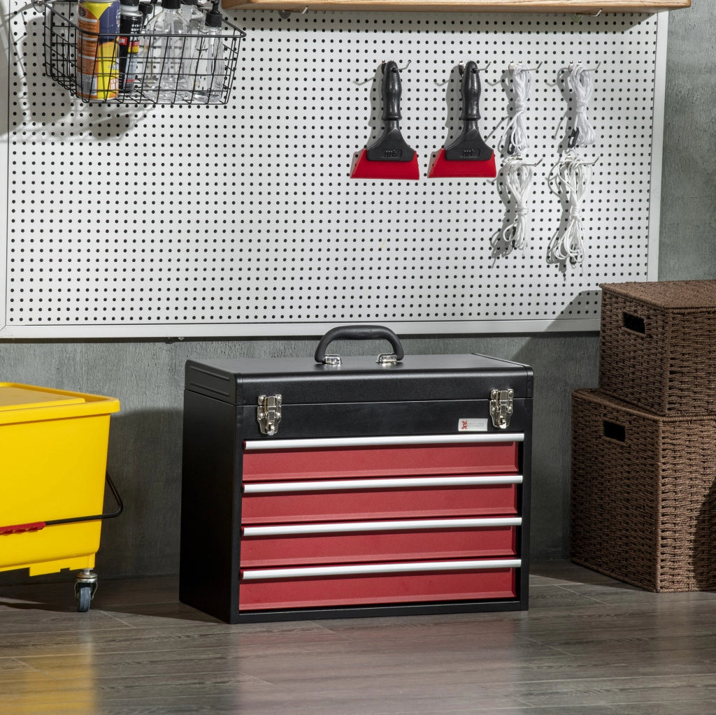 Cassettiera per utensili in acciaio con 4 cassetti e serratura, 51x22x39,5 cm, nero e rosso