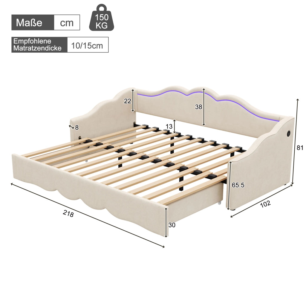 Letto estraibile imbottito 90 × 200 cm estensibile a 180 × 200 cm in velluto beige con LED USB e Type-C