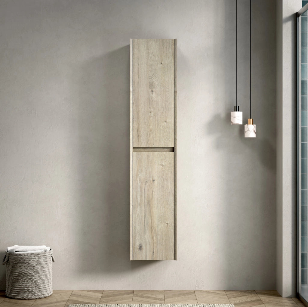 Mobiletto da bagno alto 140 cm con 2 ante, armadietto sottile in legno impiallacciato color crema effetto quercia per spazi piccoli