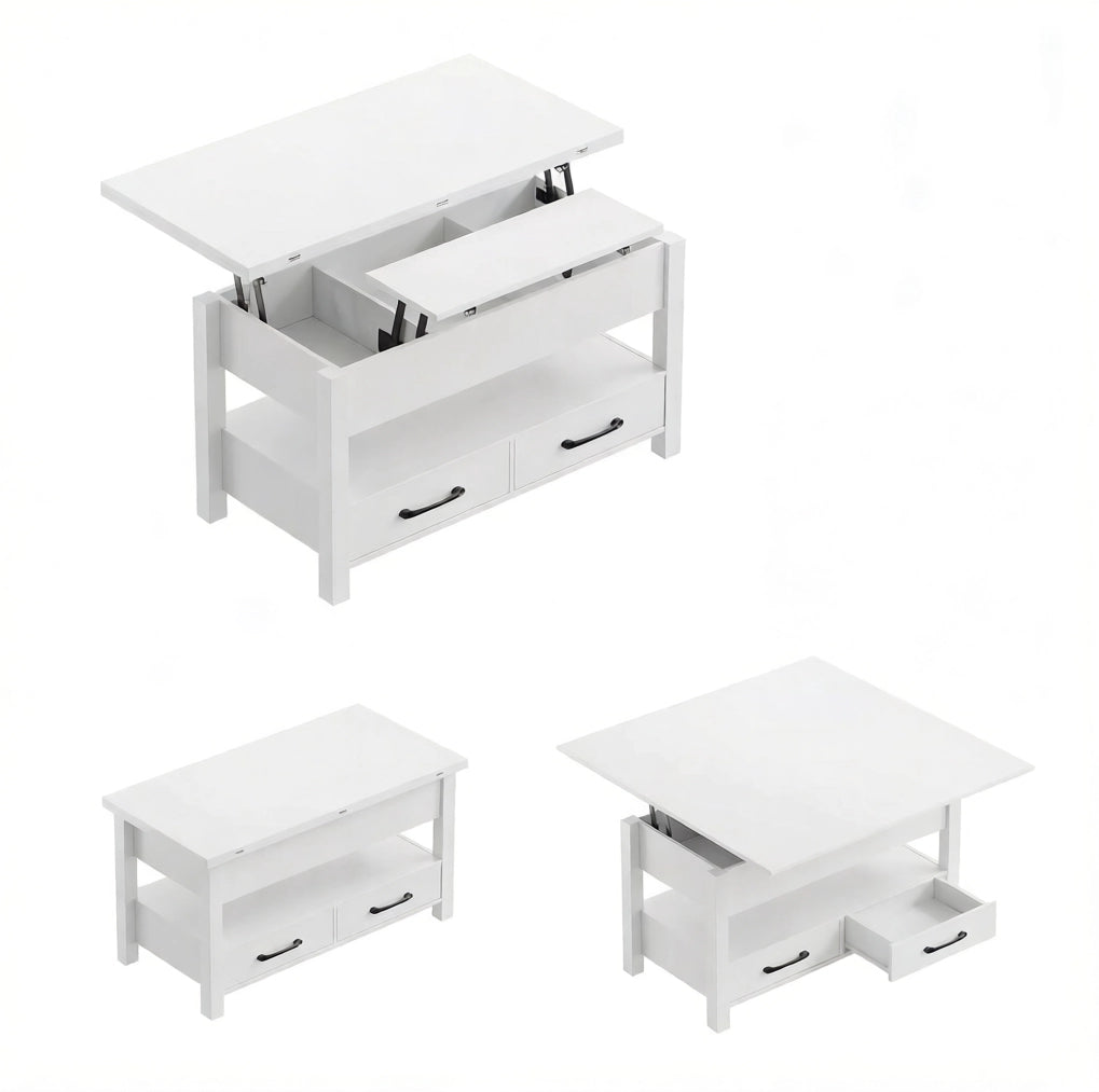 Tavolino da caffè trasformabile bianco con piano sollevabile; 2 cassetti; 100 x 50;5 x 53 cm