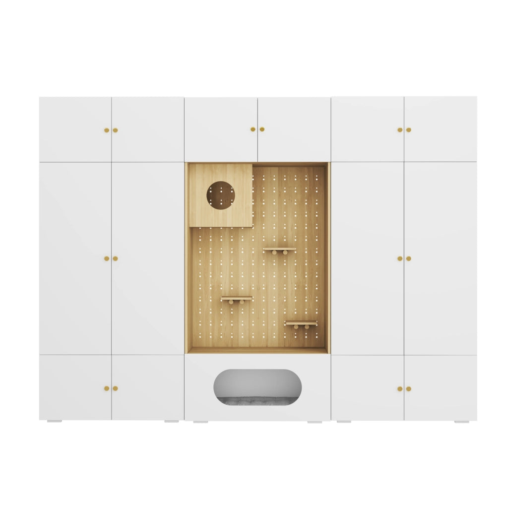 Armadio guardaroba 270x50x200 cm con area per gatti in truciolare bianco e legno