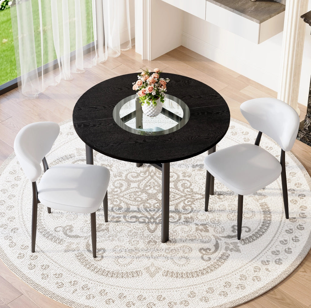 Set tavolo rotondo Ø100 cm con sedie; MDF effetto legno nero; vetro e PU bianco