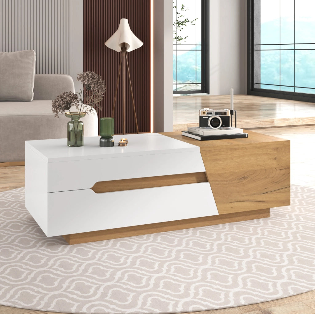 Tavolino da caffè con struttura scorrevole 120x50x37;5 cm; in MDF bianco e naturale