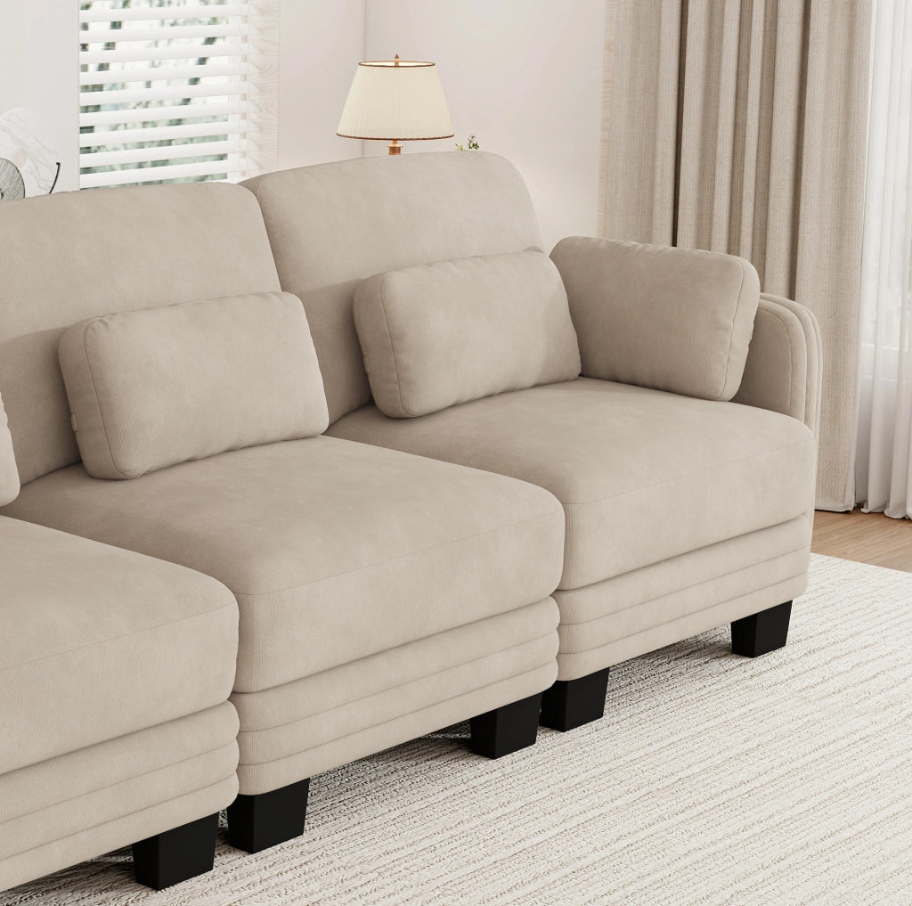 Divano modulare lineare 330x88x88 cm con cuscini in tessuto chenille marrone chiaro