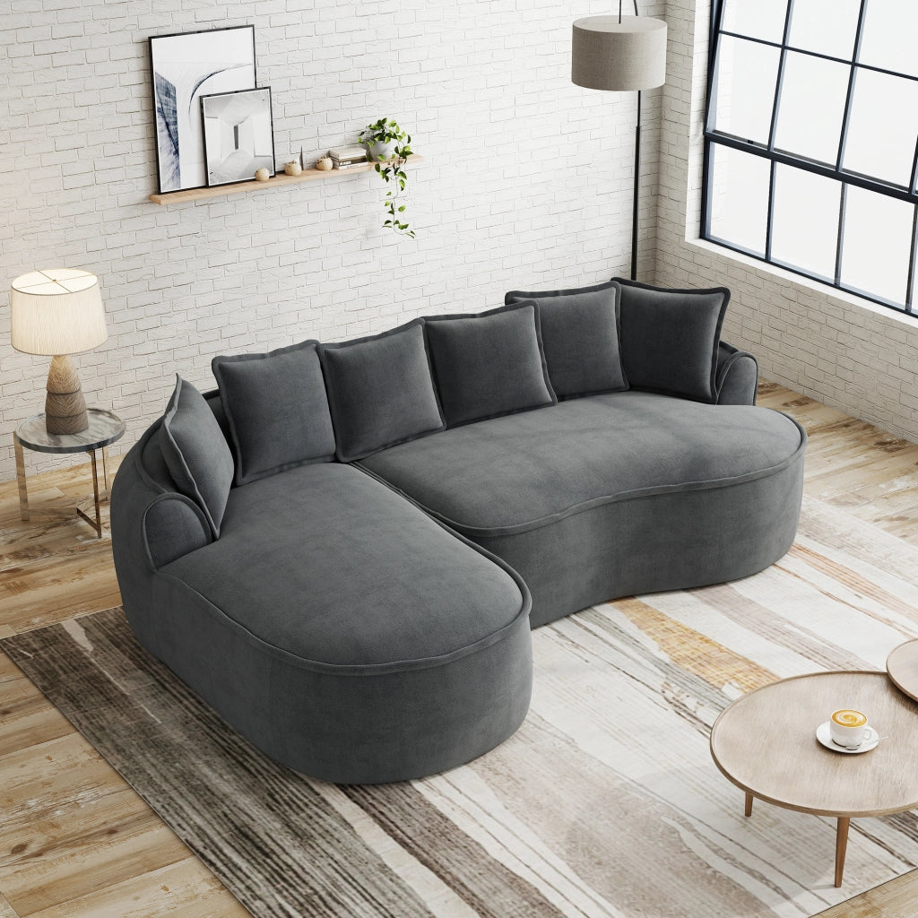 Divano modulare senza struttura in ciniglia grigia con chaise longue e cuscini