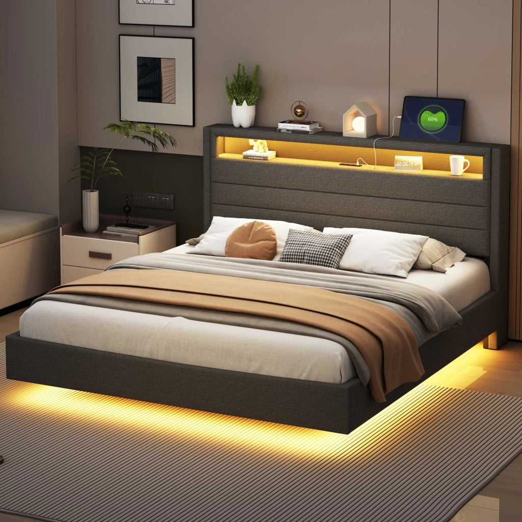 Letto matrimoniale imbottito 160x200 cm con LED; USB e testiera con vani; in tessuto tipo lino; grigio