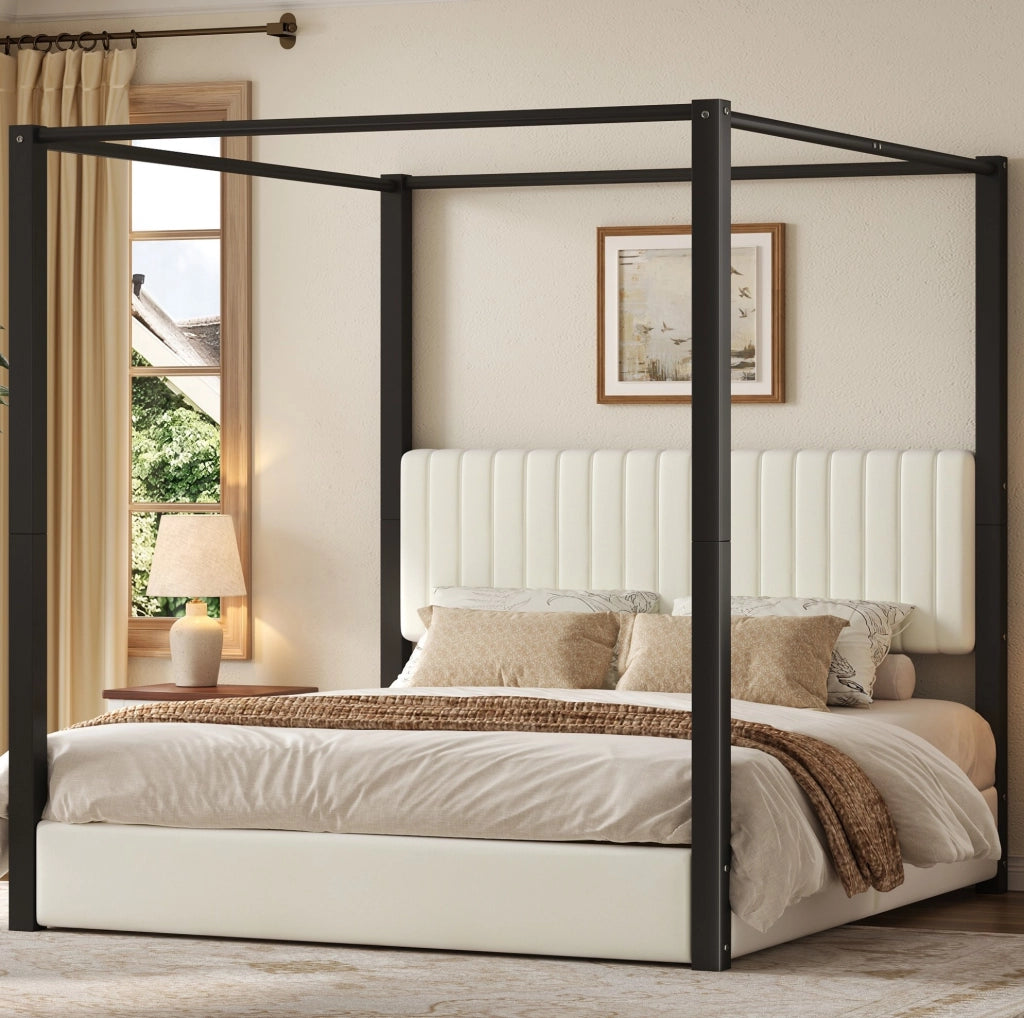 Letto imbottito con struttura a baldacchino 180x200 cm, testiera imbottita e telaio in metallo beige e nero