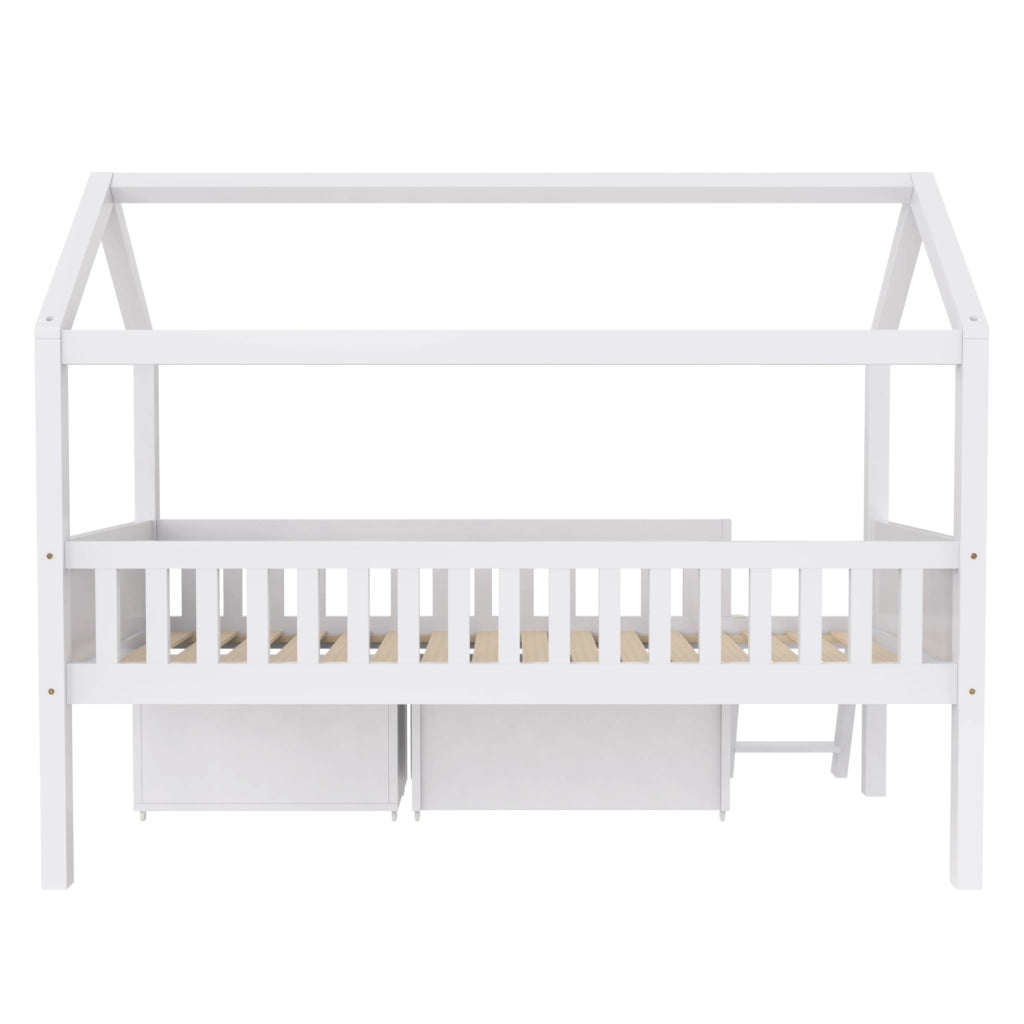 Letto a casetta 90 × 200 cm con cassetti e vani portaoggetti in legno bianco con scala e barriera anticaduta