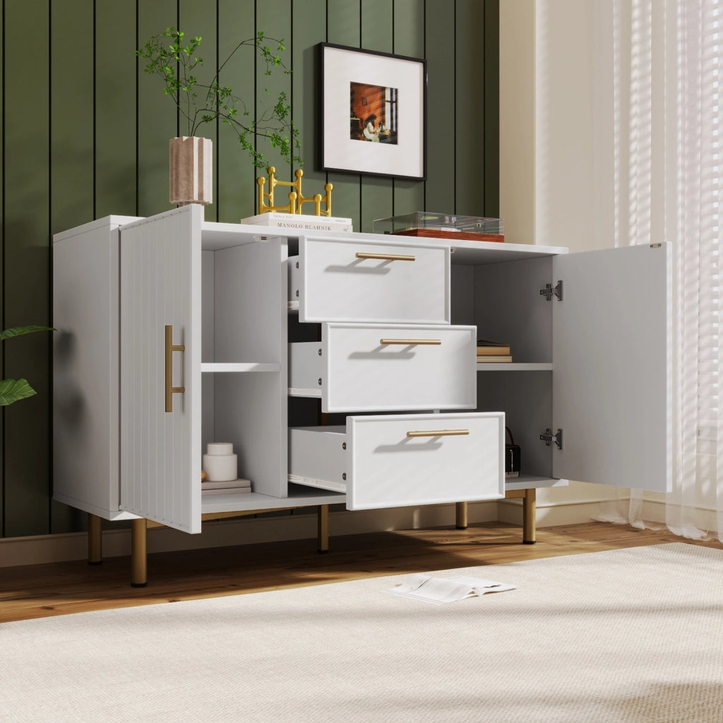 Madia 120x40x75 cm con 2 ante; 3 cassetti e ripiano regolabile in pannello truciolare bianco