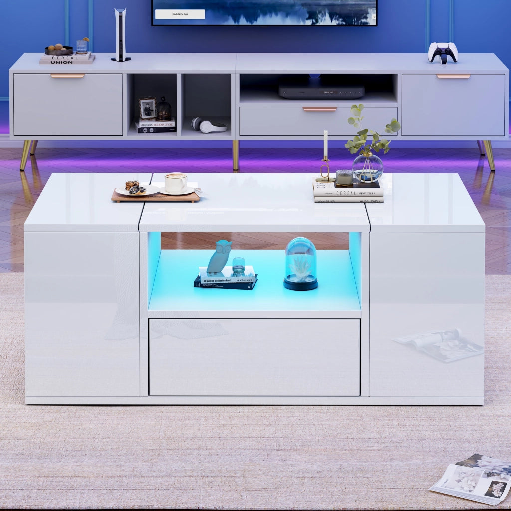 Tavolino da salotto 100 x 50 x 40 cm con LED; finitura bianco lucido; da assemblare