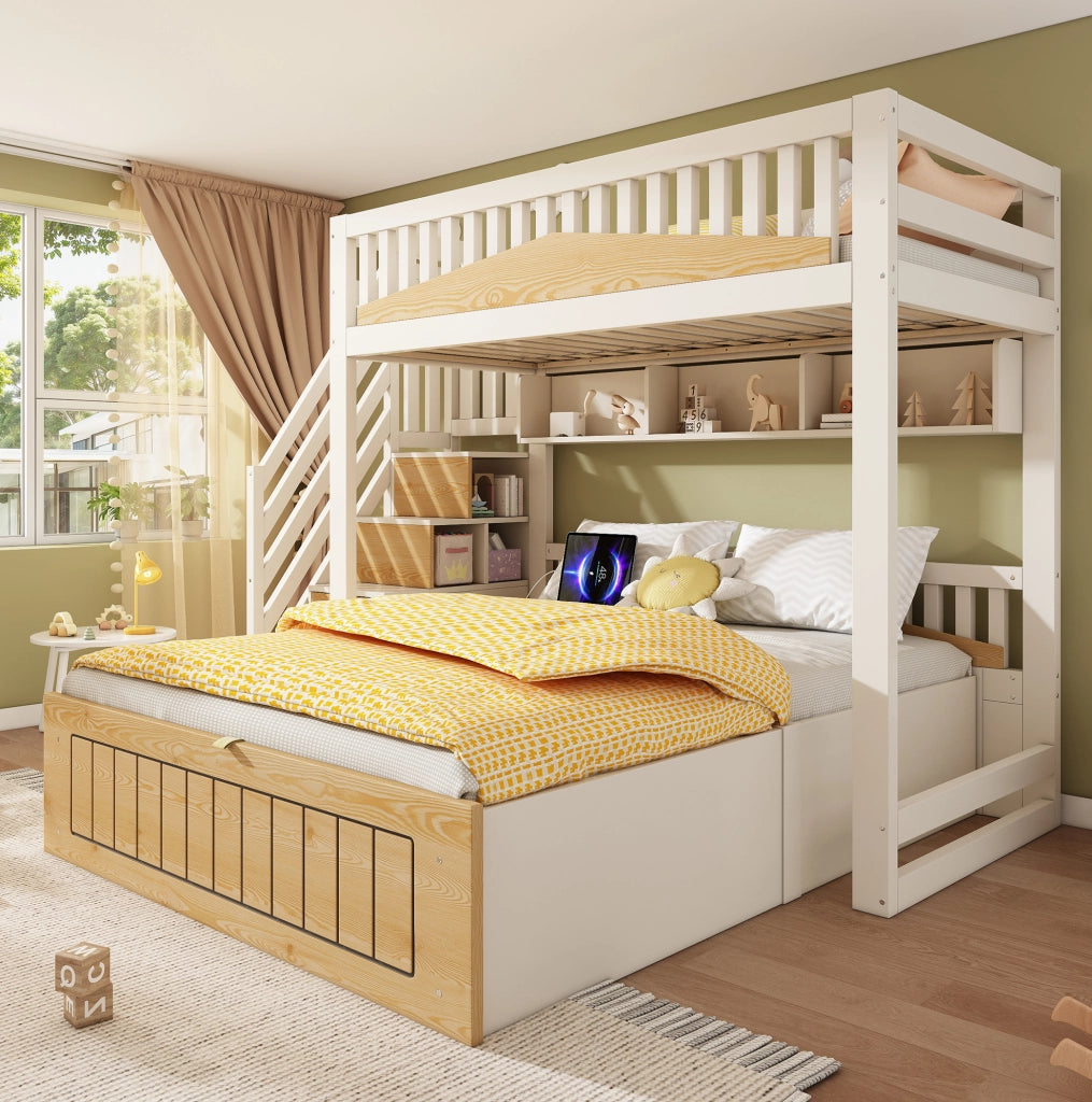 Letto a castello sfalsato in legno 90x200 & 140x200 cm con spazio idraulico, armadio a gradini, corrimano di sicurezza e USB-C, bianco e naturale, senza materasso
