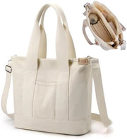 Borsa da Spalla in Canapa per Donna - Borsa Multifunzionale con Cerniera - Grande Borsa per Uso quotidiano, Scuola, Shopping, Lavoro e Viaggi - Bianca
