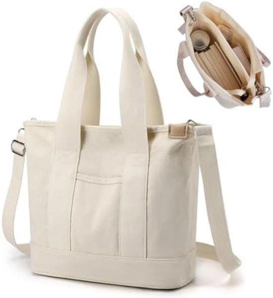 Borsa da Spalla in Canapa per Donna - Borsa Multifunzionale con Cerniera - Grande Borsa per Uso quotidiano, Scuola, Shopping, Lavoro e Viaggi - Bianca