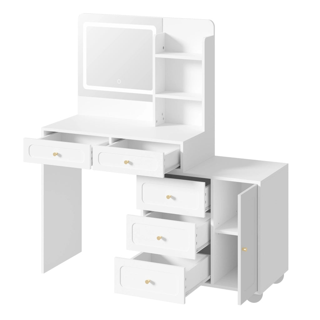 Tavolo da trucco 80x39;8x127 cm con specchio LED a 3 modalità; 5 cassetti; anta e ripiani; bianco